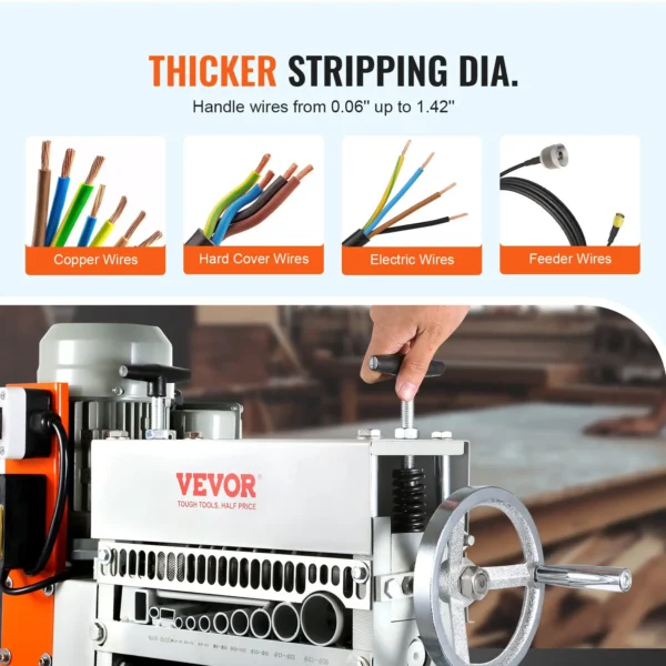 VEVOR Automatic Wire Stripping Machine, 0.06''-1.42'' Electric Motorized Cable Stripper, 370 W, 88 ft/min Wire Peeler with An Extra Manual Crank, 11 Channels for Scrap Copper Recycling - Image 4