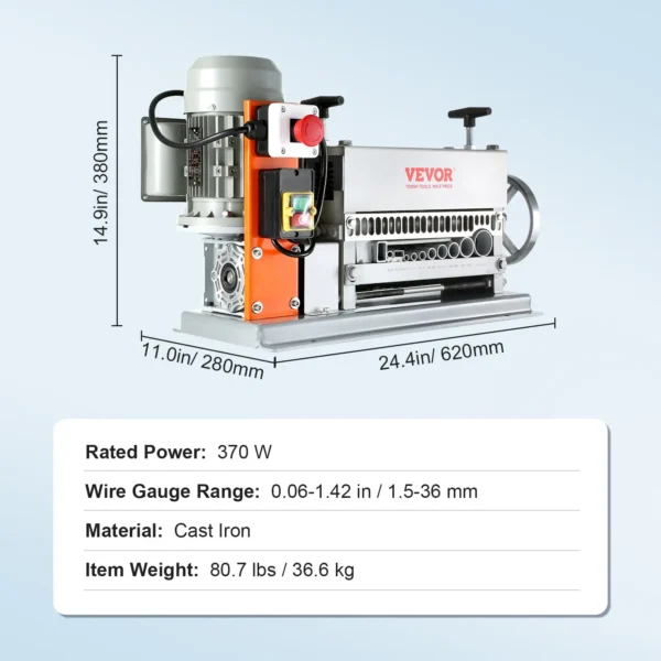 VEVOR Automatic Wire Stripping Machine, 0.06''-1.42'' Electric Motorized Cable Stripper, 370 W, 88 ft/min Wire Peeler with An Extra Manual Crank, 11 Channels for Scrap Copper Recycling - Image 7