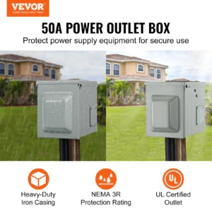 VEVOR 50 Amp RV Power Outlet Box, 125/250 Volt, Enclosed Lockable Outdoor RV Receptacle Box, NEMA 14-50R Weatherproof Electrical Panel, for RV Camper Trailer Motorhome Tested to UL Standards