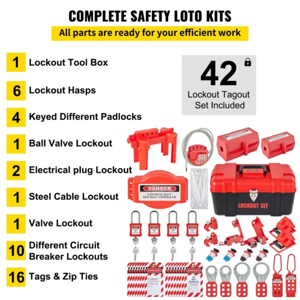 VEVOR 42 PCS Lockout Tagout Kits, Electrical Safety Loto Kit Includes Padlocks, 5 Kinds of Lockouts, Hasps, Tags & Ties, Box, Lockout Safety Tools for Electrical Risk Removal in Industrial, Machinery - Image 2