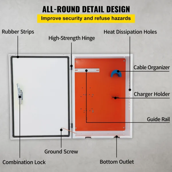 VEVOR Tesla Charger Station Box, 28'' x 20'' x 10'', Outdoor Cable Box Charging Box Cable Organizer, IP32 Waterproof Dustproof Cool Roll Steel Electrical Enclosure Box, for Tesla Wall Connector - Image 3