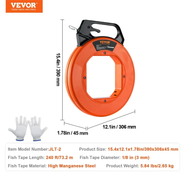 VEVOR Fish Tape, 240-foot, 1/8-inch, Steel Wire Puller with Optimized Housing and Handle, Easy-to-Use Cable Puller Tool, Flexible Wire Fishing Tools for Walls and Electrical Conduit, Non-Conductive - Image 6