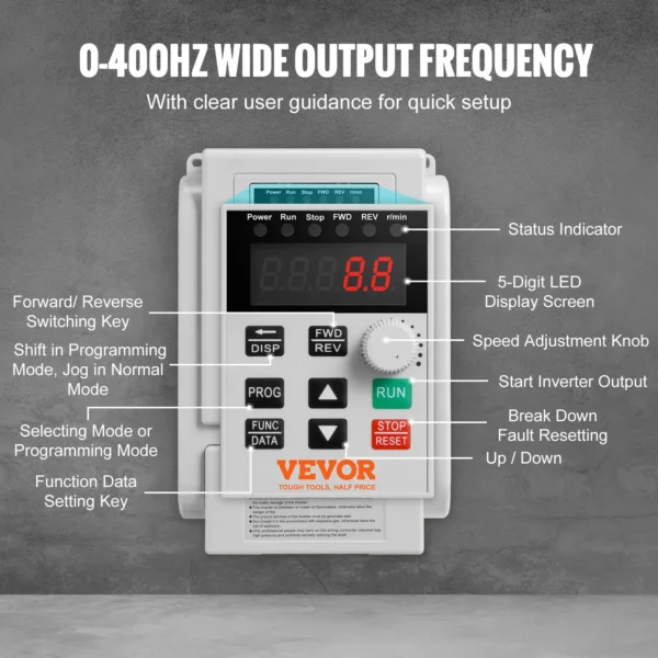 VEVOR VFD 2.2KW 10A 3HP Variable Frequency Drive for 3-Phase Motor Speed Control - Image 2