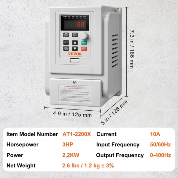 VEVOR VFD 2.2KW 10A 3HP Variable Frequency Drive for 3-Phase Motor Speed Control - Image 6