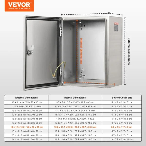 VEVOR Steel Electrical Box, 16"x 12"x 10", 304 Stainless Steel Electrical Enclosure Box, Wall-Mounted Outdoor Electrical Electronic Equipment Enclosure with Mounting Plate Hinges Lock, IP66 Waterproof - Image 6