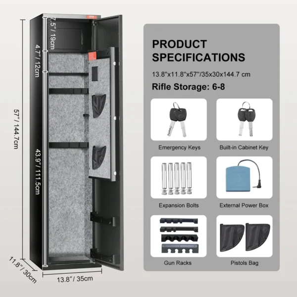 VEVOR 5 Rifles Gun Safe, Rifle Safe with Digital Keypad & Lock, Gun Storage Cabinet with Built-in Storage Locker, Removable Storage Shelf for Home Long Gun and Pistols - Image 6