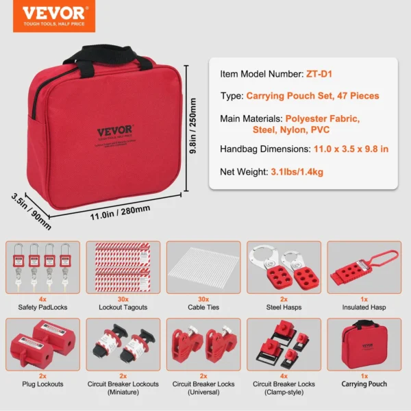 VEVOR Electrical Lockout Tagout Kit, 47 PCS Safety Loto Kit Includes Padlocks, Hasps, Tags, Nylon Ties, Plug Lockouts, Circuit Breaker Lockouts, and Carrying Bag, for Industrial, Electric Power - Image 6