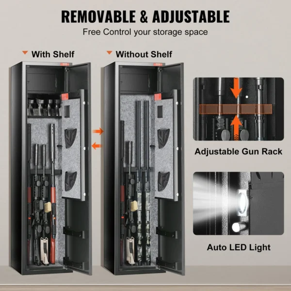 VEVOR 5 Rifles Gun Safe, Rifle Safe with Digital Keypad & Lock, Gun Storage Cabinet with Built-in Storage Locker, Removable Storage Shelf for Home Long Gun and Pistols - Image 15