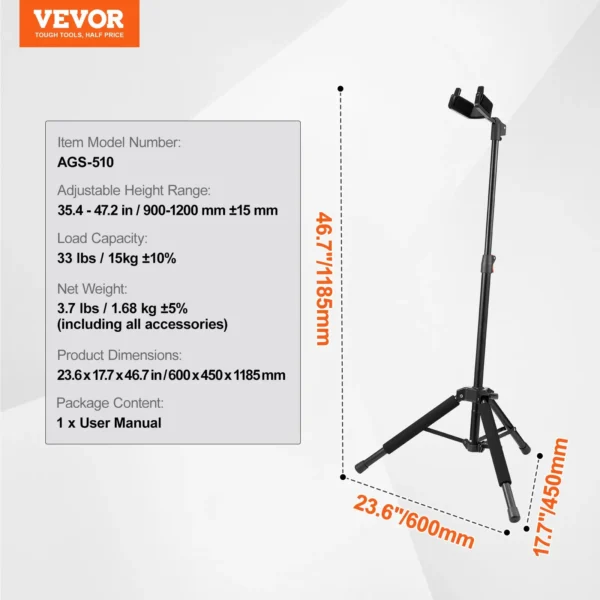 VEVOR Tripod Guitar Stand Floor-Standing Foldable 35.4-47.2 in Adjustable Height - Image 6