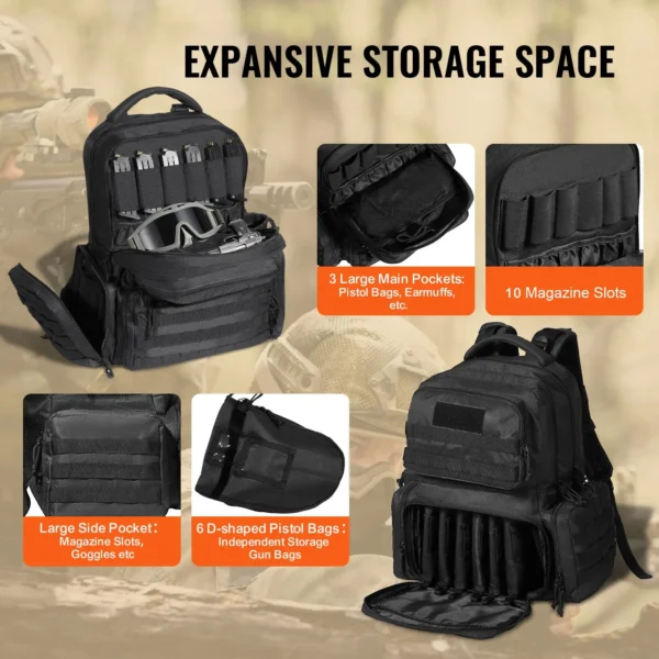 VEVOR Tactical Range Backpack for 6 Pistols Gun Backpack Black - Image 3