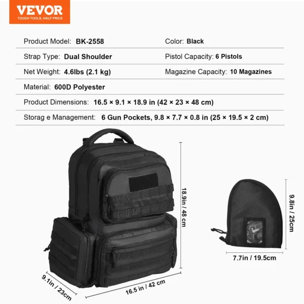 VEVOR Tactical Range Backpack for 6 Pistols Gun Backpack Black - Image 6