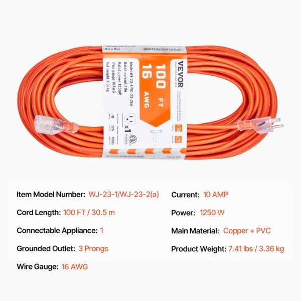 100FT Heavy Duty Extension Cord 16AWG 10A 1250W 3 Prongs with Lighted End - Image 6