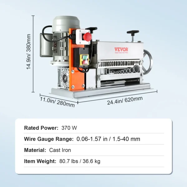 VEVOR Automatic Wire Stripping Machine, 0.06''-1.42'' Electric Motorized Cable Stripper, 370 W, 88 ft/min Wire Peeler with An Extra Manual Crank, 11 Channels for Scrap Copper Recycling - Image 28